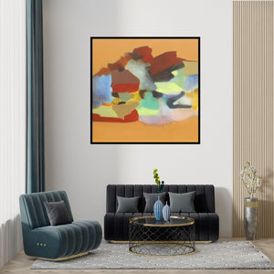 Preview of 'Untitled (Layered Hues)' Painting by Ravindra Parkhi shown on a wall in a furnished room.