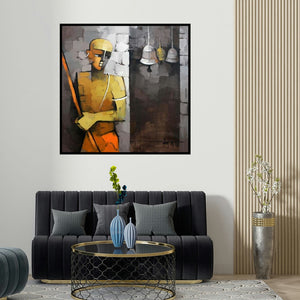 Deepa Vedpathak's 'Untitled (Spiritual Sentinel)' painting visualized above a sofa in a contemporary room.