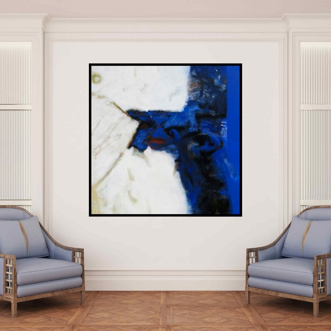 In-situ view of Somanth Adamane's 'Untitled (Divided Realities)' painting in a room