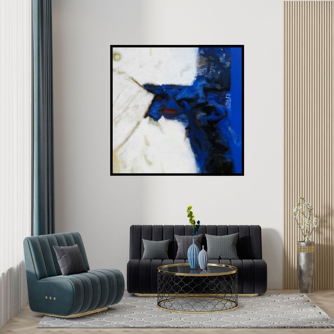 Preview of 'Untitled (Divided Realities)' Painting by Somanth Adamane shown on a wall in a furnished room.