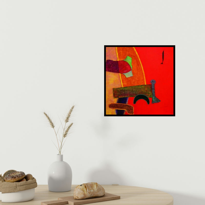 In-situ view of Bhushan Vaidhya's 'Untitled 14 (Crimson Flight: An Abstract Composition)' painting in a room