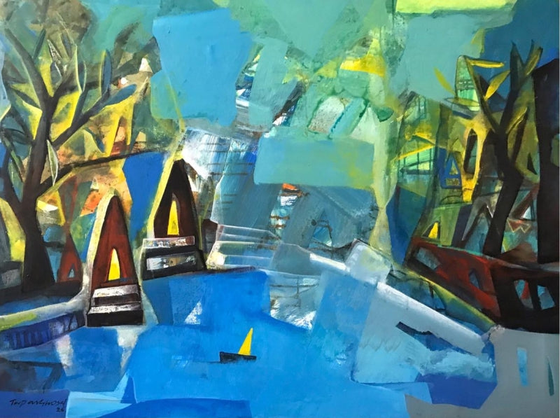 Untitled 14' landscape acrylic painting by artist Tapas Ghosal, 36x48 inch, on canvas