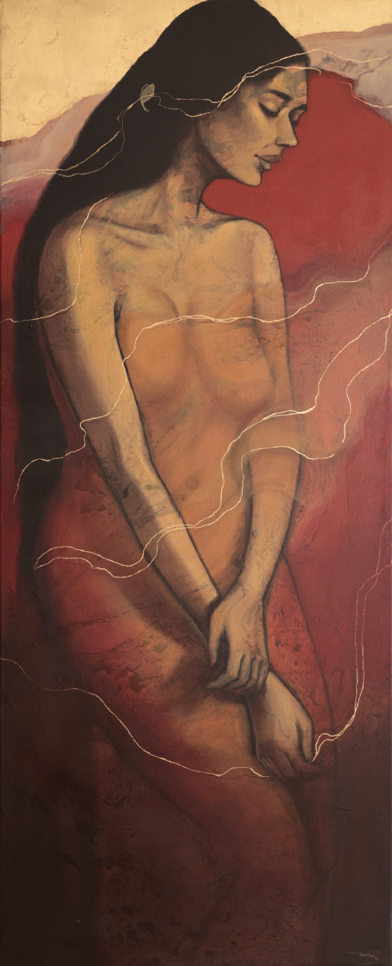 Untitled 14' nude mixed-media painting by artist Bhakti Lad, 60x24 inch, on canvas