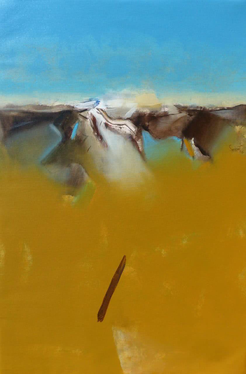 Abstract acrylic painting titled 'Untitled 140', 36x24 inches, by artist Shrikant Kadam on Canvas