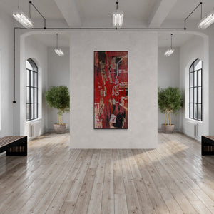 Kashinath Jadhav's painting 'Untitled (Veiled Crimson)' displayed in a modern living room setting
