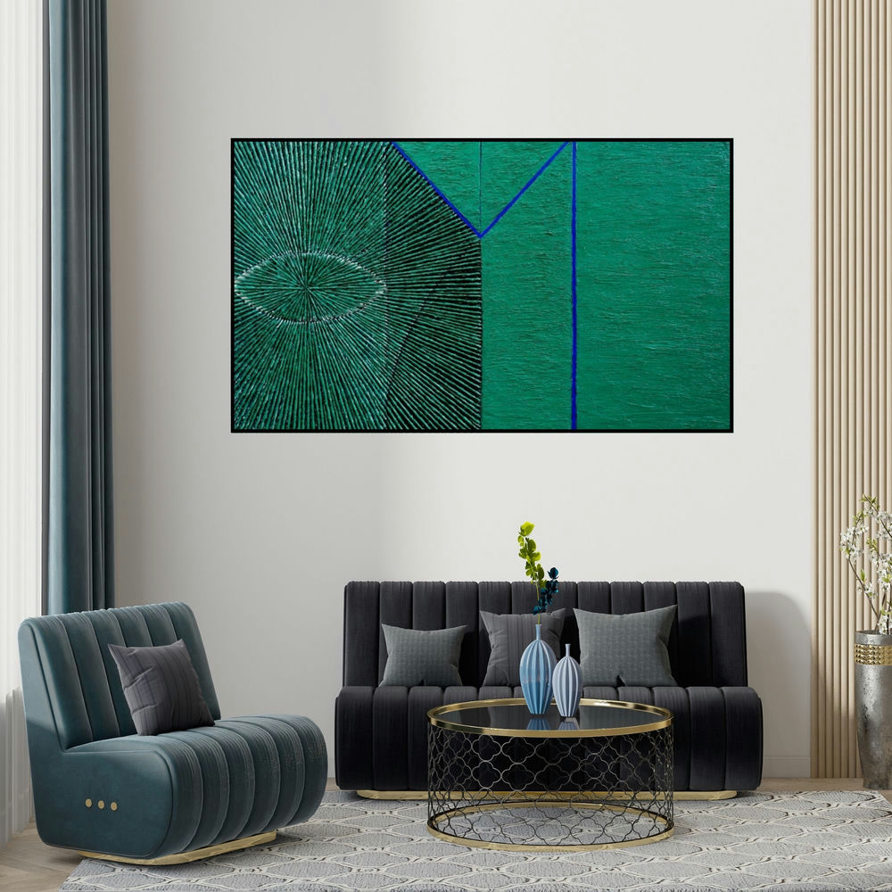 Sandesh Khule's 'Untitled 148' painting visualized above a sofa in a contemporary room.