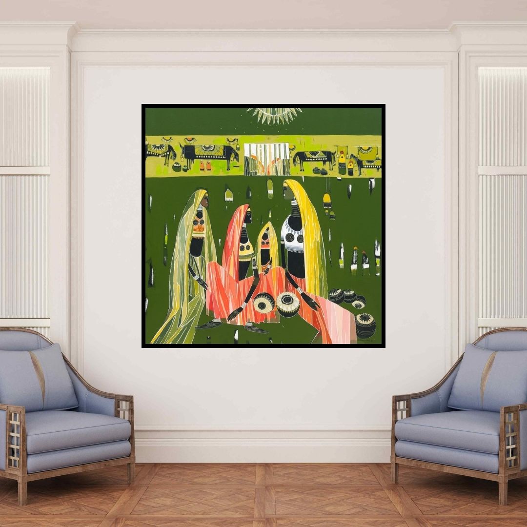 In-situ view of Vaishali Patil's 'Untitled 15 (The Village Gathering)' painting in a room