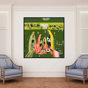 In-situ view of Vaishali Patil's 'Untitled 15 (The Village Gathering)' painting in a room