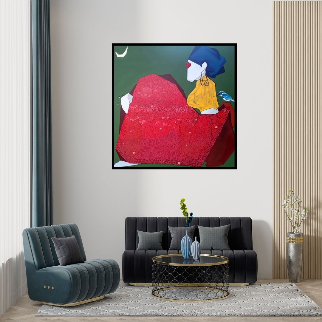 Preview of 'Untitled 15 (Serene Encounter)' Painting by Pratap Kore shown on a wall in a furnished room.