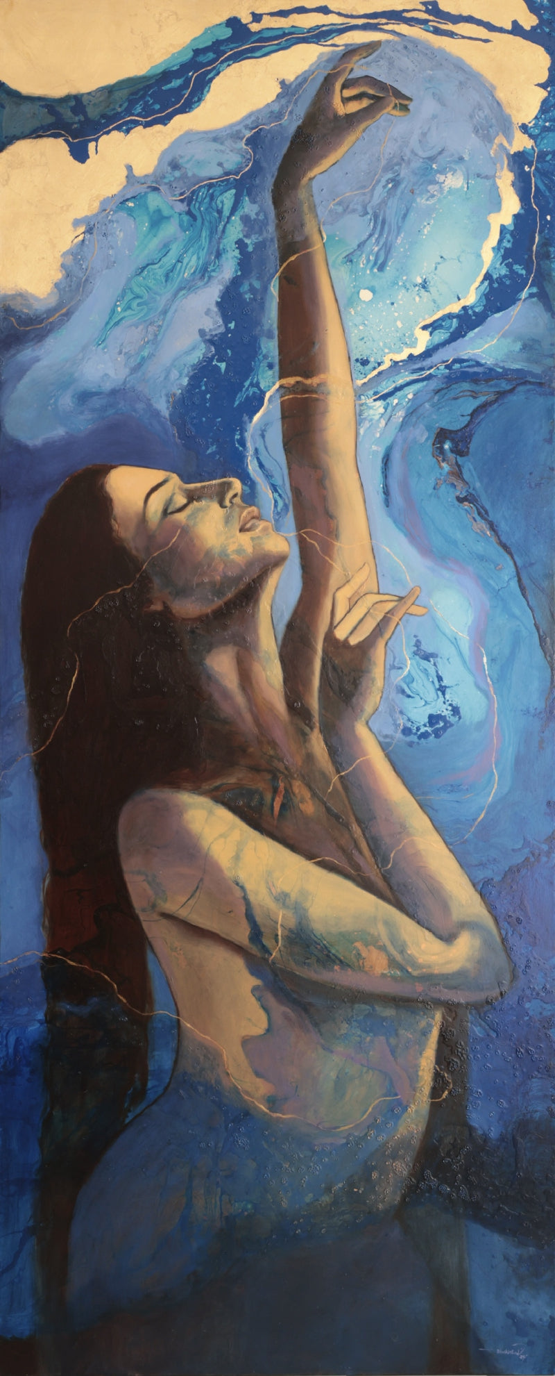Untitled 15' nude mixed-media painting by artist Bhakti Lad, 60x24 inch, on linen