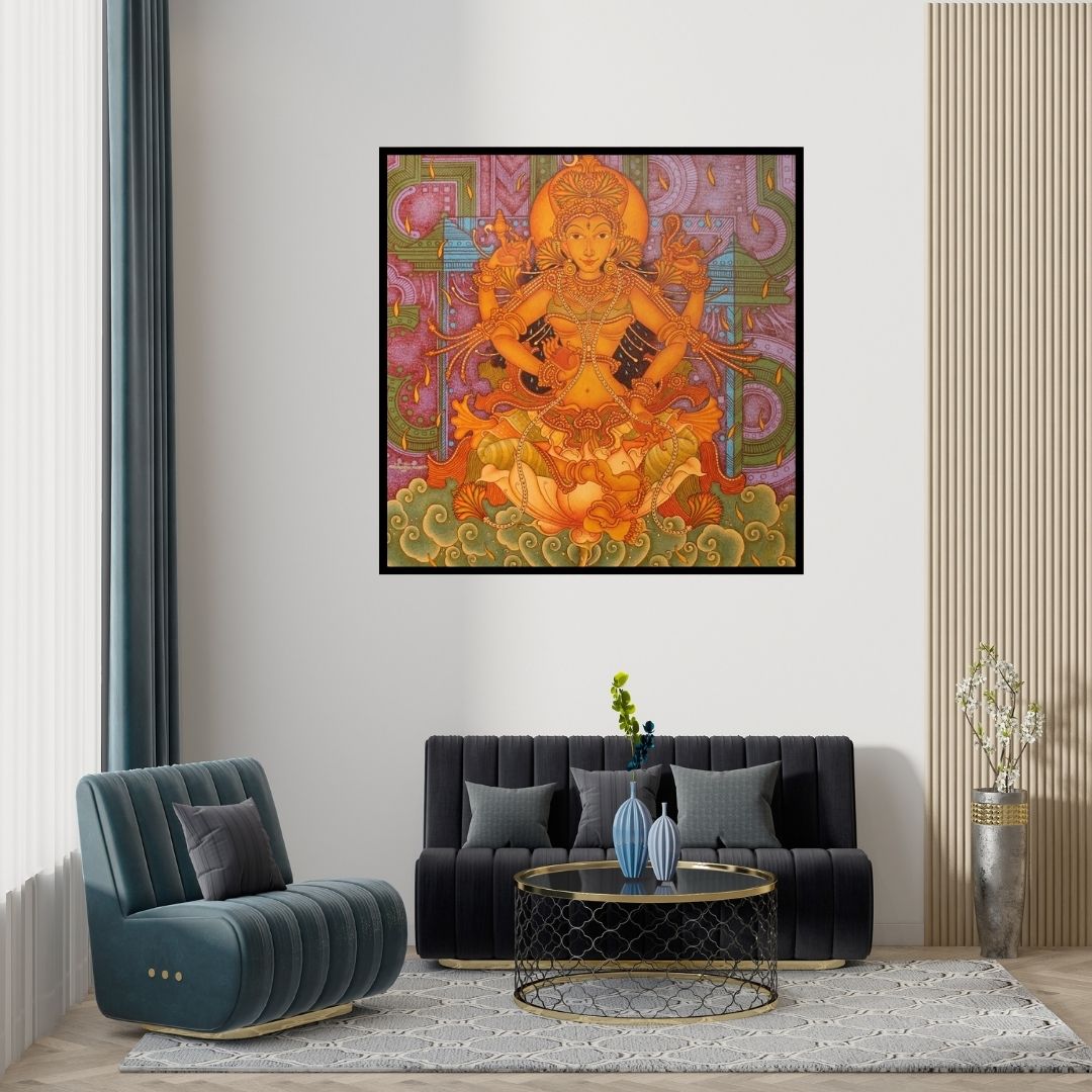 Preview of 'Untitled 15 (Lakshmi)' Painting by Manikandan Punnakkal shown on a wall in a furnished room.