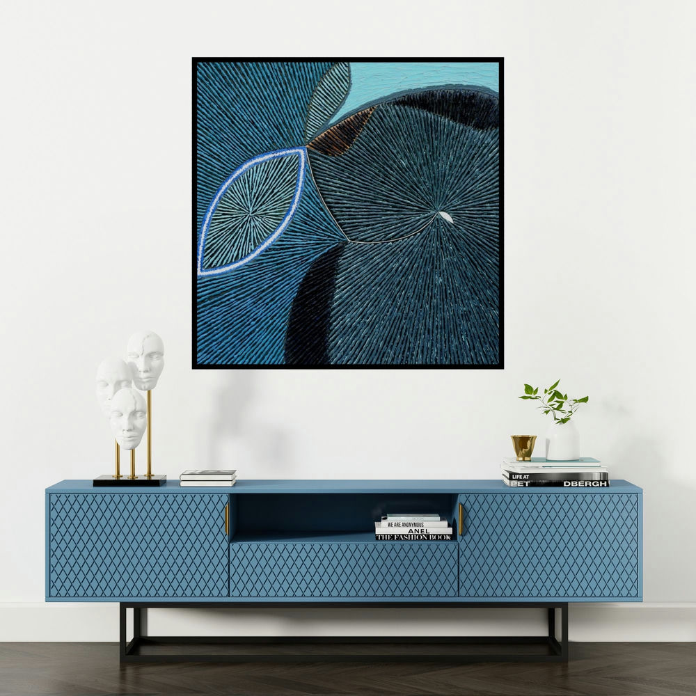 'Untitled 152 (Intersecting Realities)' painting by Sandesh Khule shown on a wall in a furnished room.