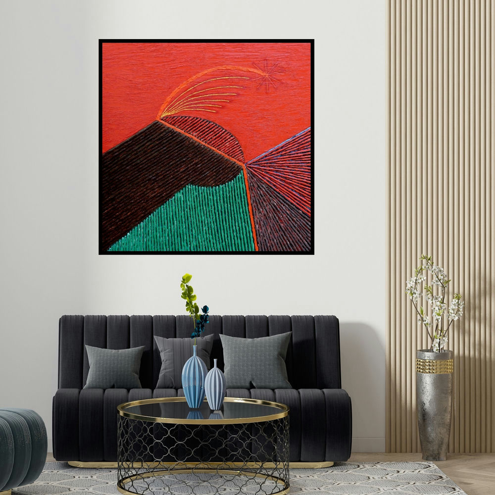 Sandesh Khule's 'Untitled 153 (Celestial Convergence)' painting visualized above a sofa in a contemporary room.