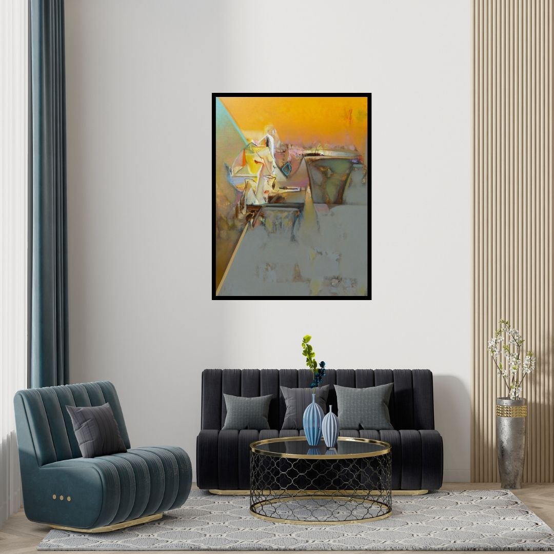 Preview of 'Untitled 155 (Golden Reverie)' Painting by Shrikant Kadam shown on a wall in a furnished room.