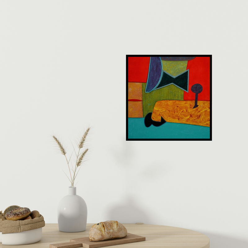 In-situ view of Bhushan Vaidhya's 'Untitled 16 (Abstract Composition in Red and Blue)' painting in a room