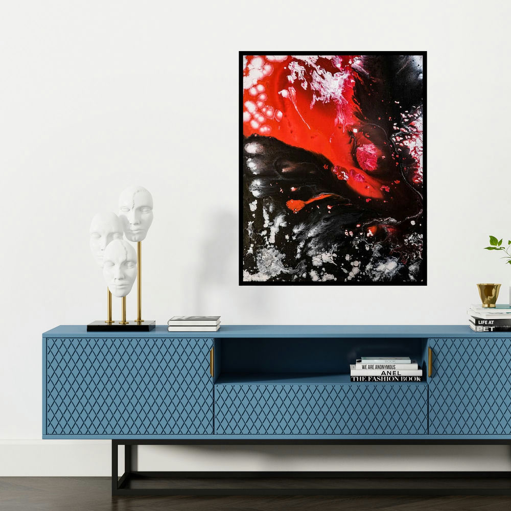 'Untitled 16' painting by Kartikey Sharma shown on a wall in a furnished room.