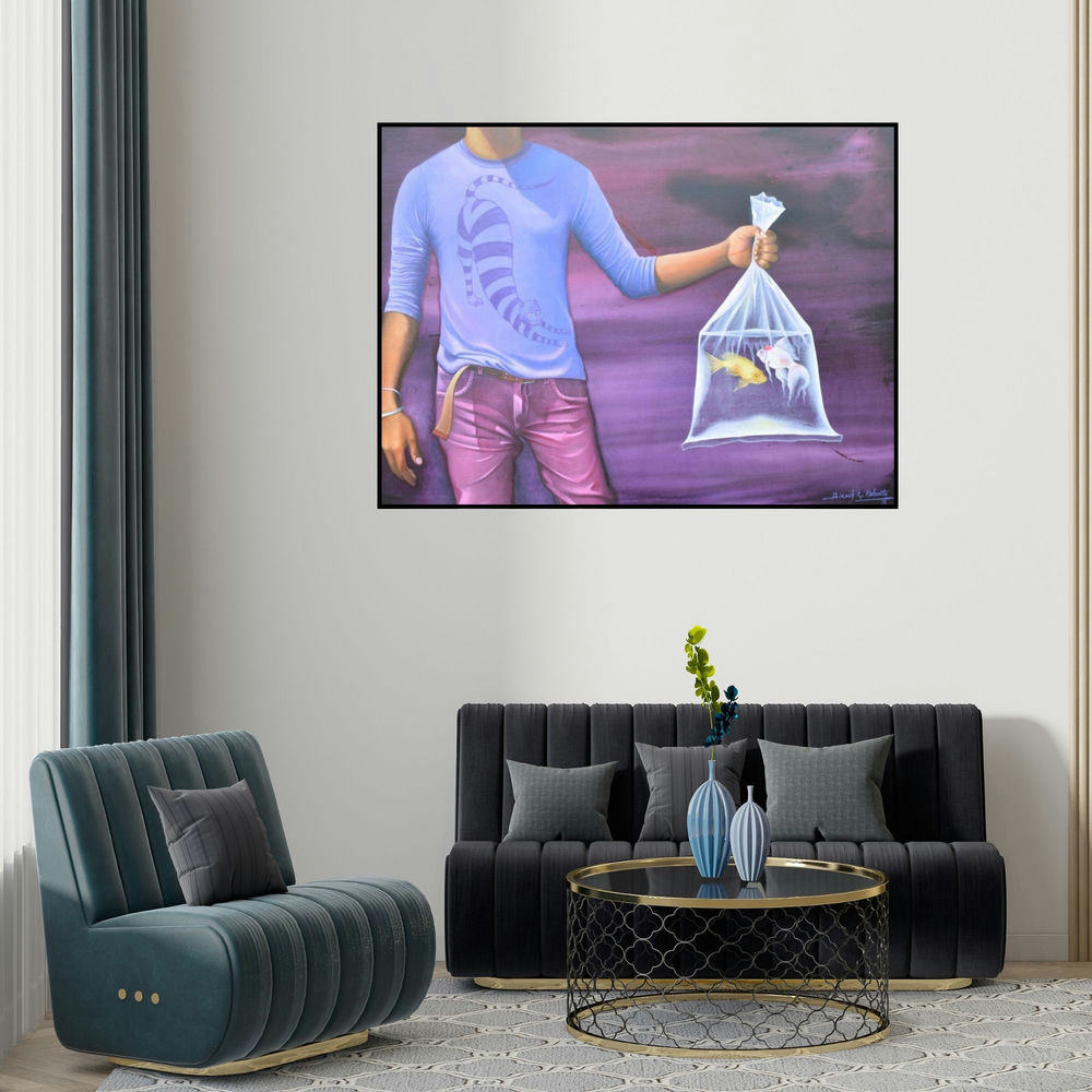 'Untitled 16 (Unintended Consequences)' painting by Bikash Mohanta shown on a wall in a furnished room.