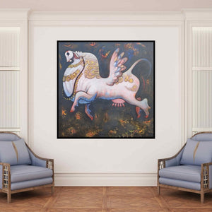 In-situ view of Ramesh Gujar's 'Untitled 16 (The Cosmic Cow)' painting in a room