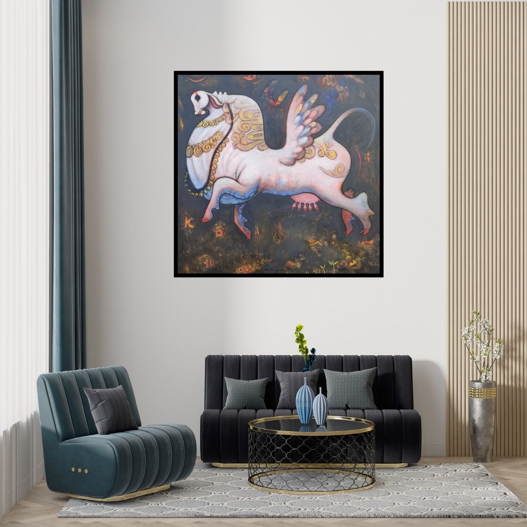 Preview of 'Untitled 16 (The Cosmic Cow)' Painting by Ramesh Gujar shown on a wall in a furnished room.