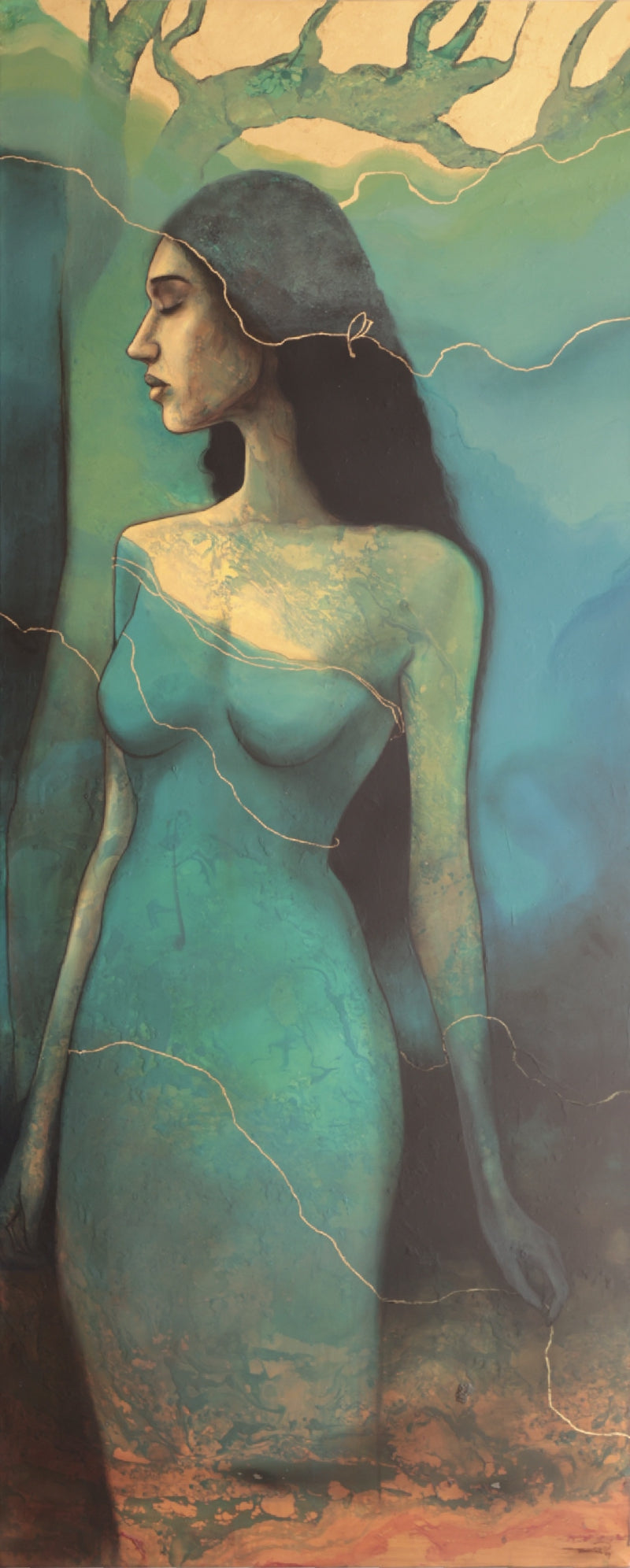 Untitled 16' nude mixed-media painting by artist Bhakti Lad, 60x24 inch, on linen