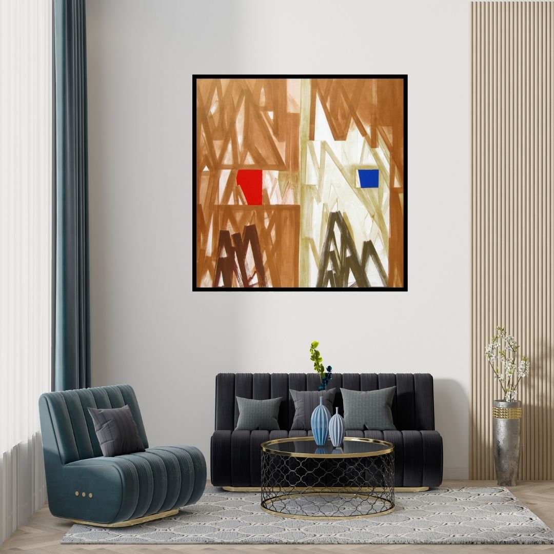 Preview of 'Untitled 16 (Worlds Apart)' Painting by Ramesh Anand shown on a wall in a furnished room.