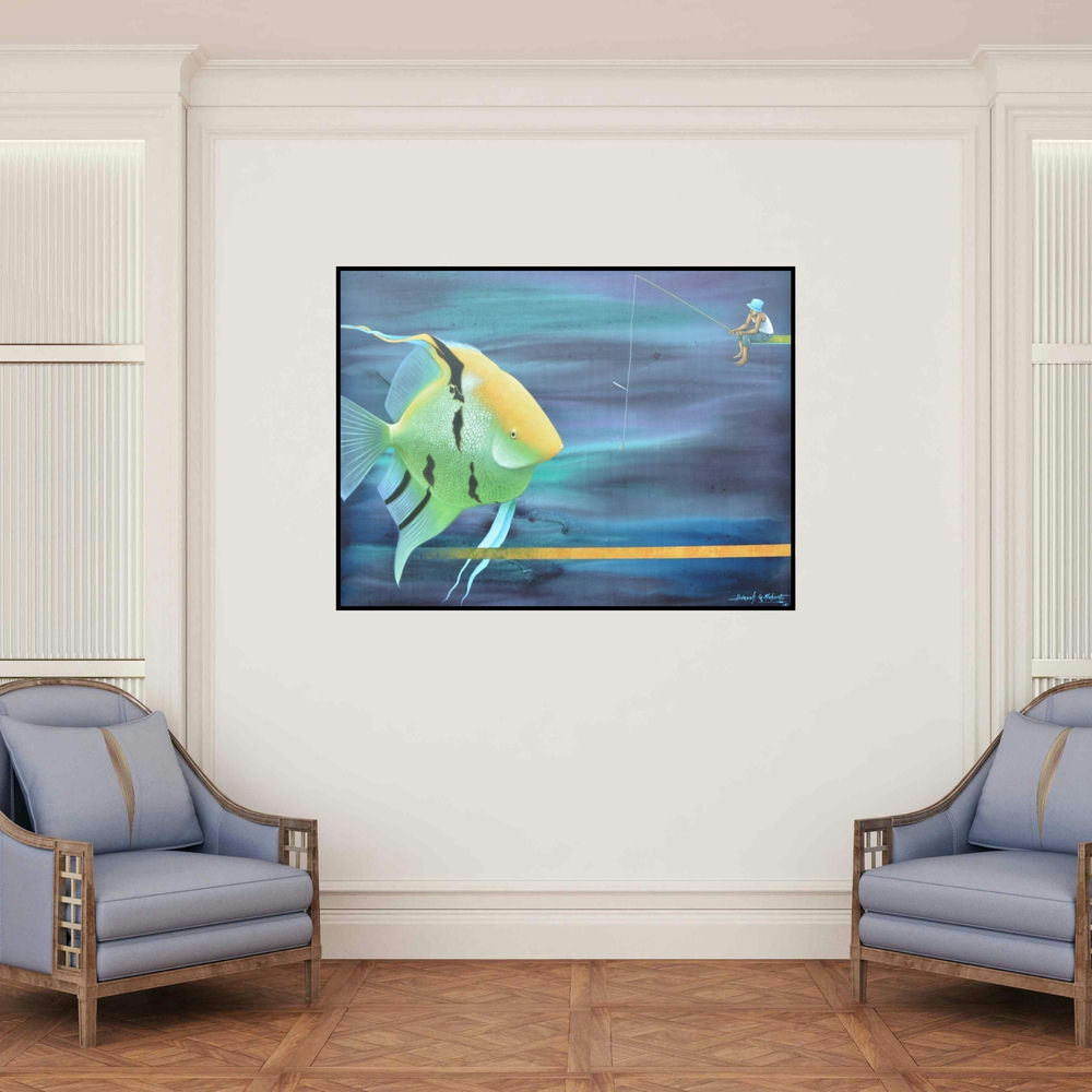 'Untitled 17 (A Fishy Encounter)' painting by Bikash Mohanta shown on a wall in a furnished room.