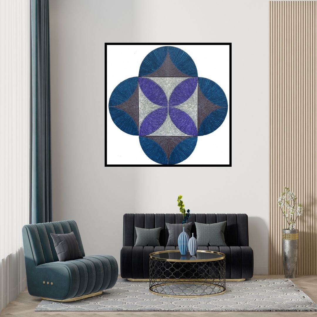 Preview of 'Untitled 172 (Intersecting Rhythms)' Painting by Sandesh Khule shown on a wall in a furnished room.