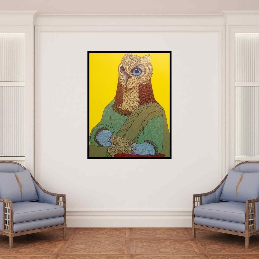 In-situ view of Bandana Kumari's 'Untitled (Owl Mona Lisa)' painting in a room