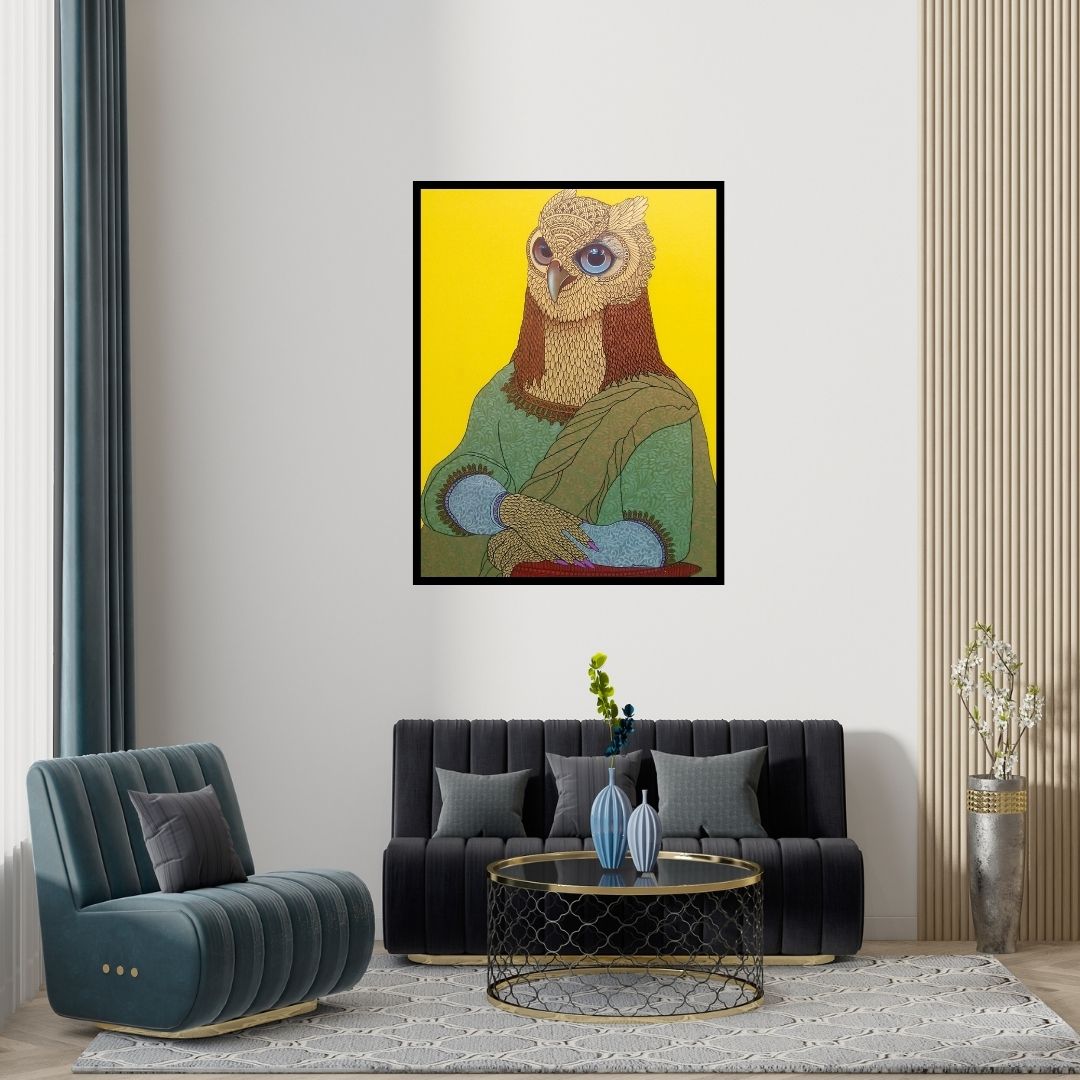 Preview of 'Untitled (Owl Mona Lisa)' Painting by Bandana Kumari shown on a wall in a furnished room.