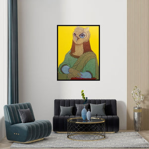 Preview of 'Untitled (Owl Mona Lisa)' Painting by Bandana Kumari shown on a wall in a furnished room.