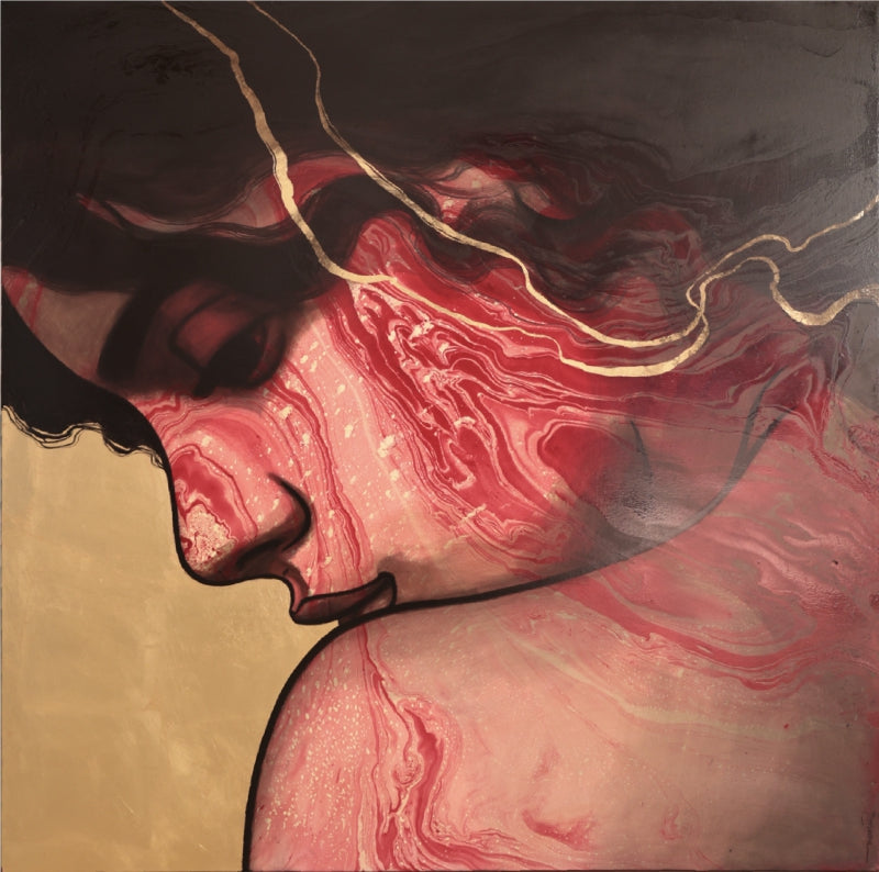 Untitled 18' figurative mixed-media painting by artist Bhakti Lad, 39x39 inch, on linen