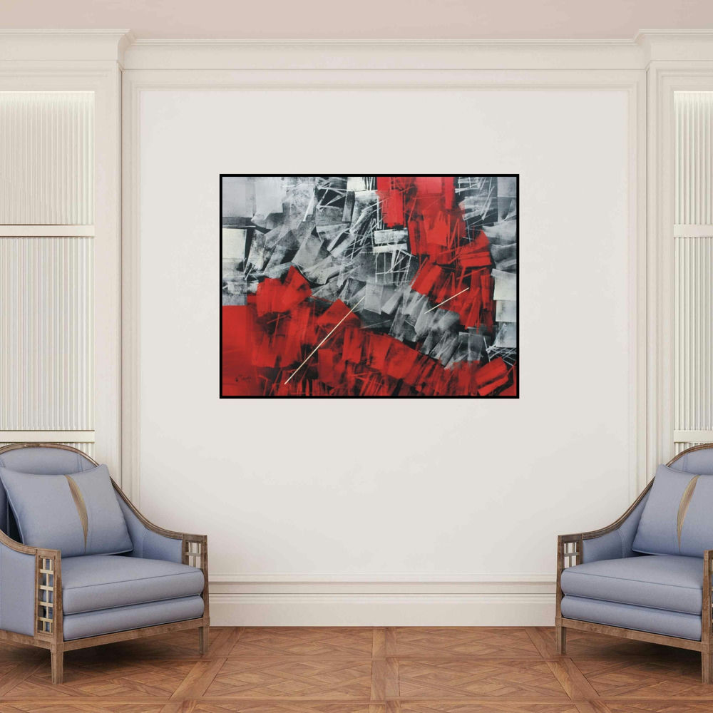 'Untitled 18' painting by Sudhir Talmale shown on a wall in a furnished room.