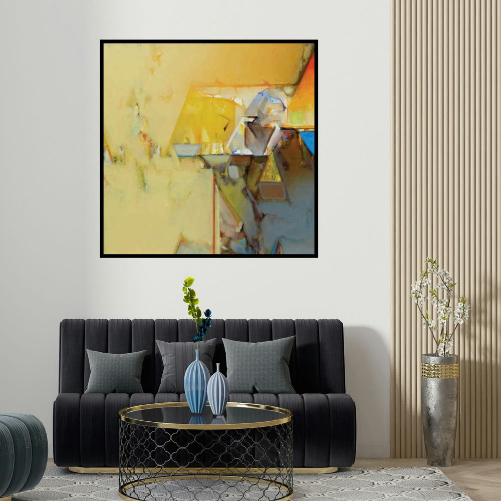 Shrikant Kadam's 'Untitled 192 (Golden Horizon)' painting visualized above a sofa in a contemporary room.