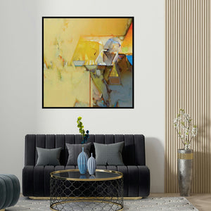 Shrikant Kadam's 'Untitled 192 (Golden Horizon)' painting visualized above a sofa in a contemporary room.