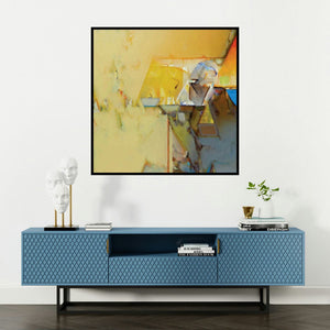 'Untitled 192 (Golden Horizon)' painting by Shrikant Kadam shown on a wall in a furnished room.