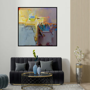 Shrikant Kadam's 'Untitled 193 (Shifting Horizons)' painting visualized above a sofa in a contemporary room.