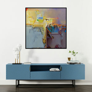 'Untitled 193 (Shifting Horizons)' painting by Shrikant Kadam shown on a wall in a furnished room.