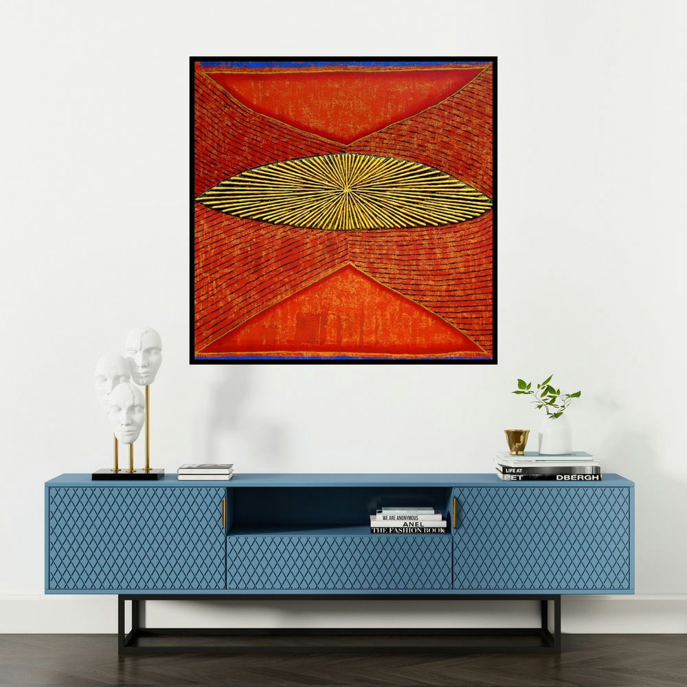 'Untitled 199 (Cosmic Eye)' painting by Sandesh Khule shown on a wall in a furnished room.