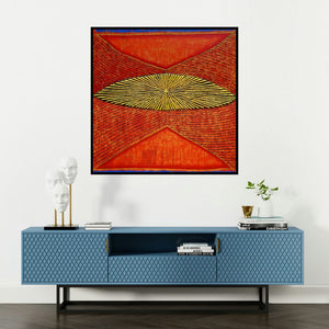 'Untitled 199 (Cosmic Eye)' painting by Sandesh Khule shown on a wall in a furnished room.