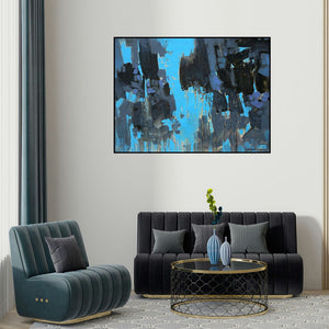 Sagar Bondre's 'Untitled 2 (Urban Drip)' painting visualized above a sofa in a contemporary room.