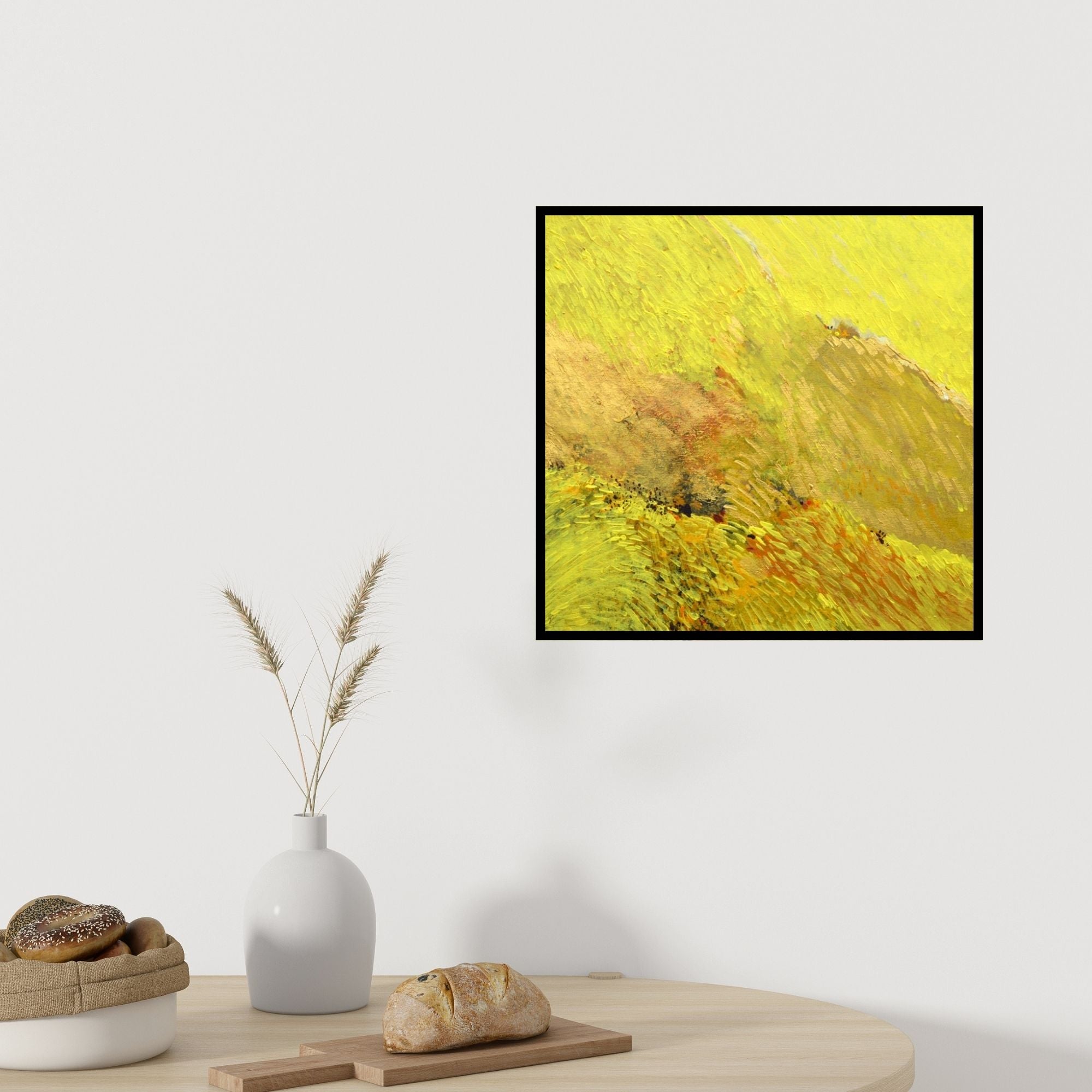 Preview of 'Untitled 2 (Golden Fields: An Abstract Composition)' Painting by Durgesh Birthare shown on a wall in a furnished room.