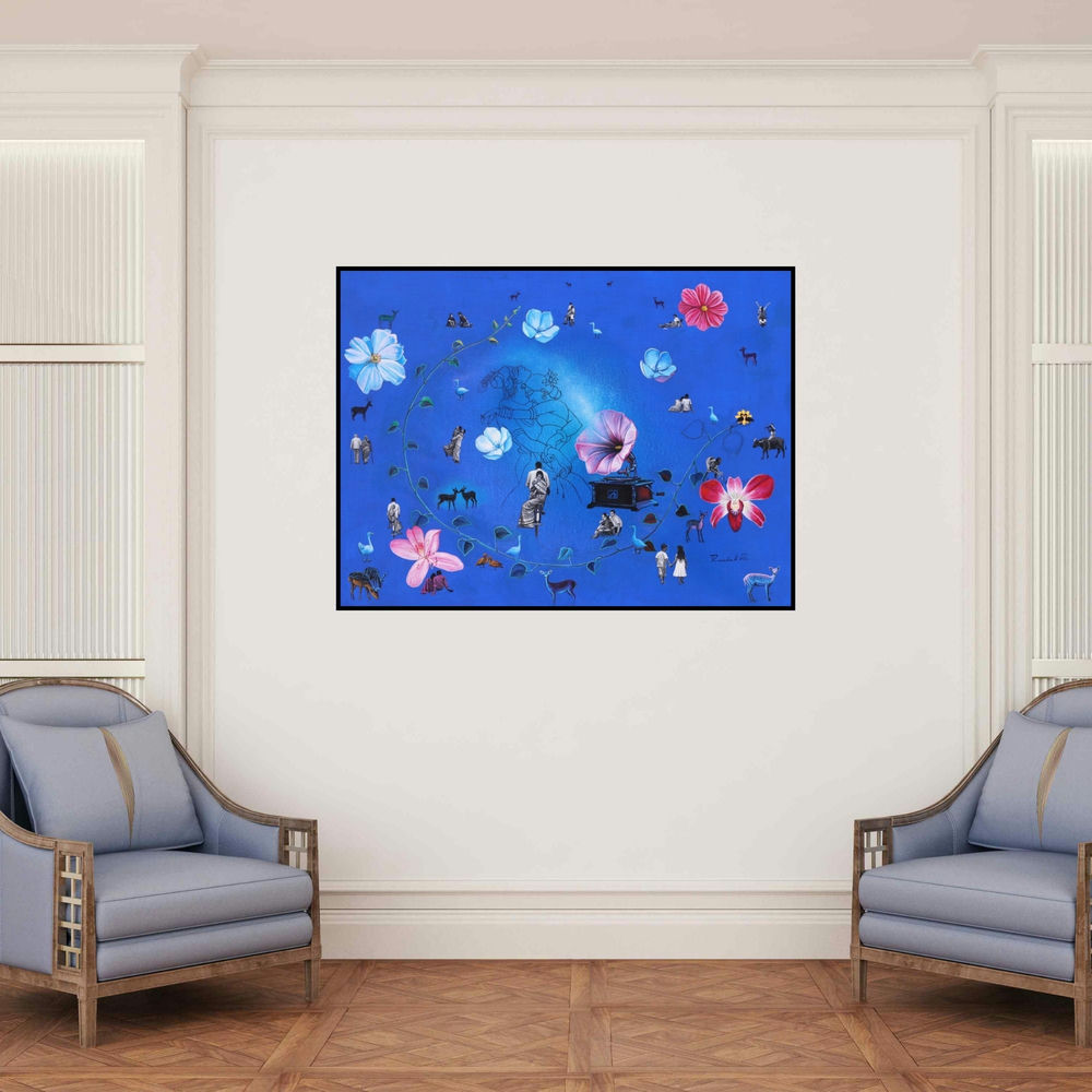 'Untitled 2 (Eternal Romance)' painting by Rawindra Das shown on a wall in a furnished room.