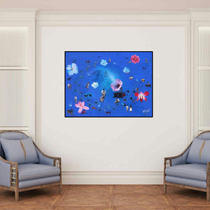 'Untitled 2 (Eternal Romance)' painting by Rawindra Das shown on a wall in a furnished room.