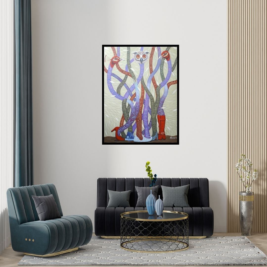 Preview of 'Untitled 2 (Birds of a Feather)' Painting by Arvind Dubey shown on a wall in a furnished room.