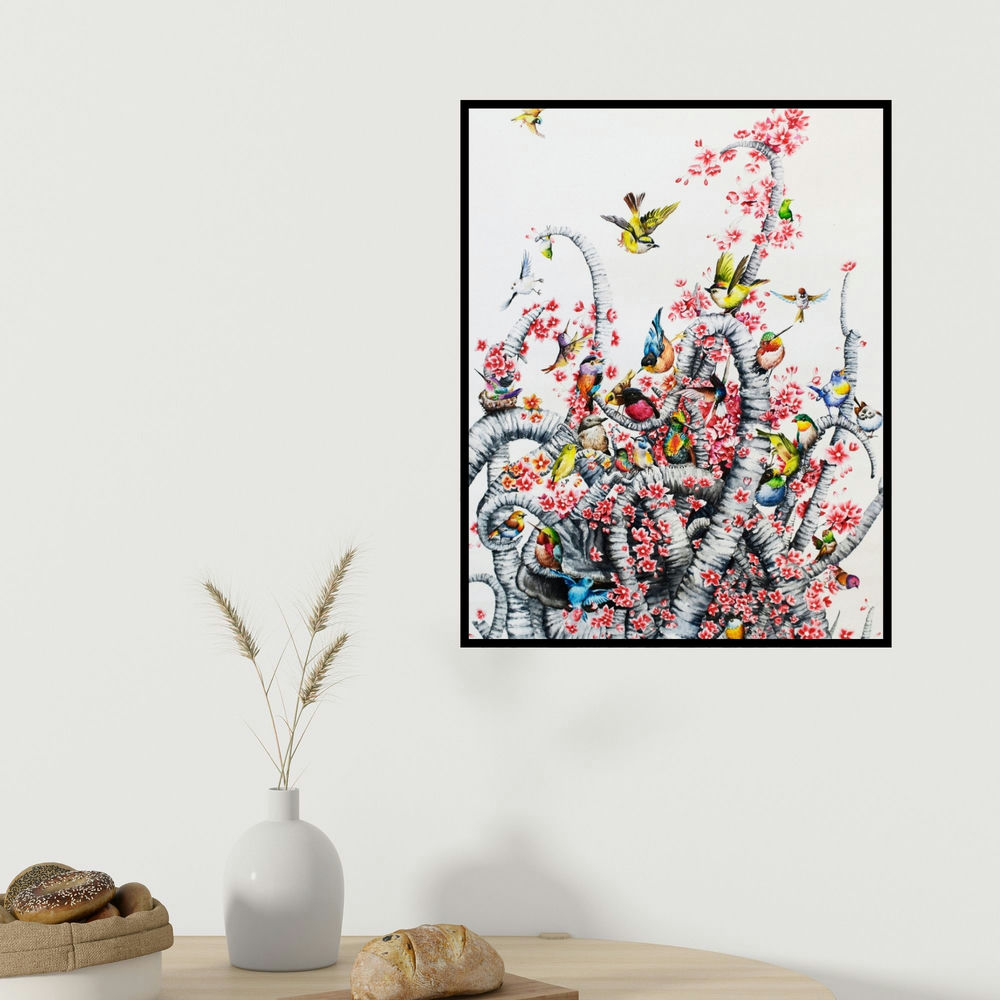 Bikash Pradhan's 'Untitled 2 (Birds in Bloom)' painting visualized above a sofa in a contemporary room.