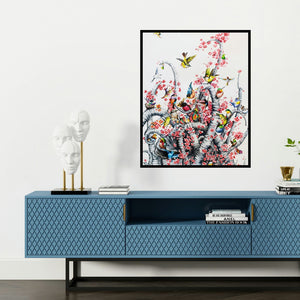 'Untitled 2 (Birds in Bloom)' painting by Bikash Pradhan shown on a wall in a furnished room.