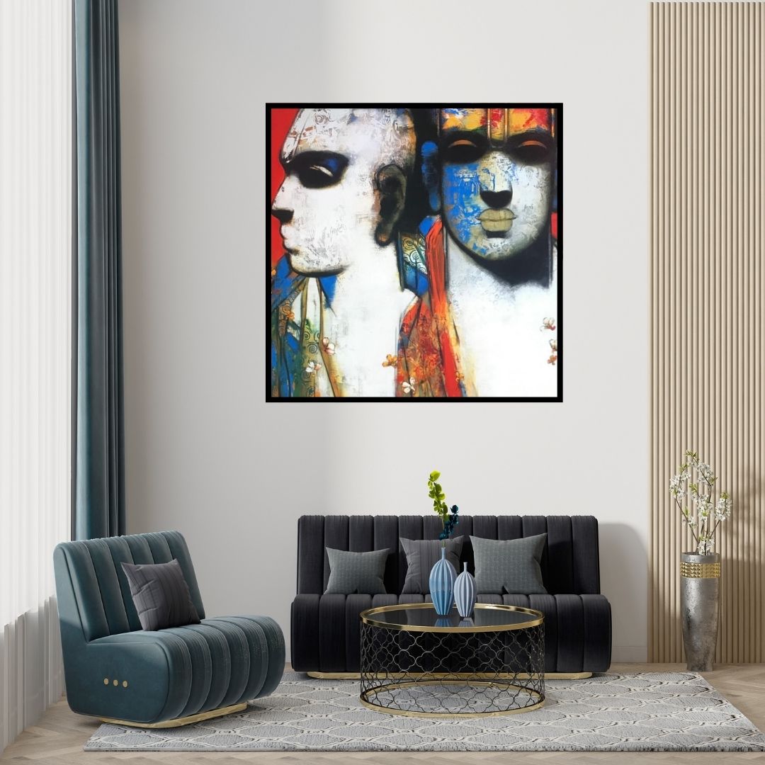 Preview of 'Untitled 2 (A Cosmic Dialogue)' Painting by Sujata Achrekar shown on a wall in a furnished room.