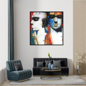 Preview of 'Untitled 2 (A Cosmic Dialogue)' Painting by Sujata Achrekar shown on a wall in a furnished room.