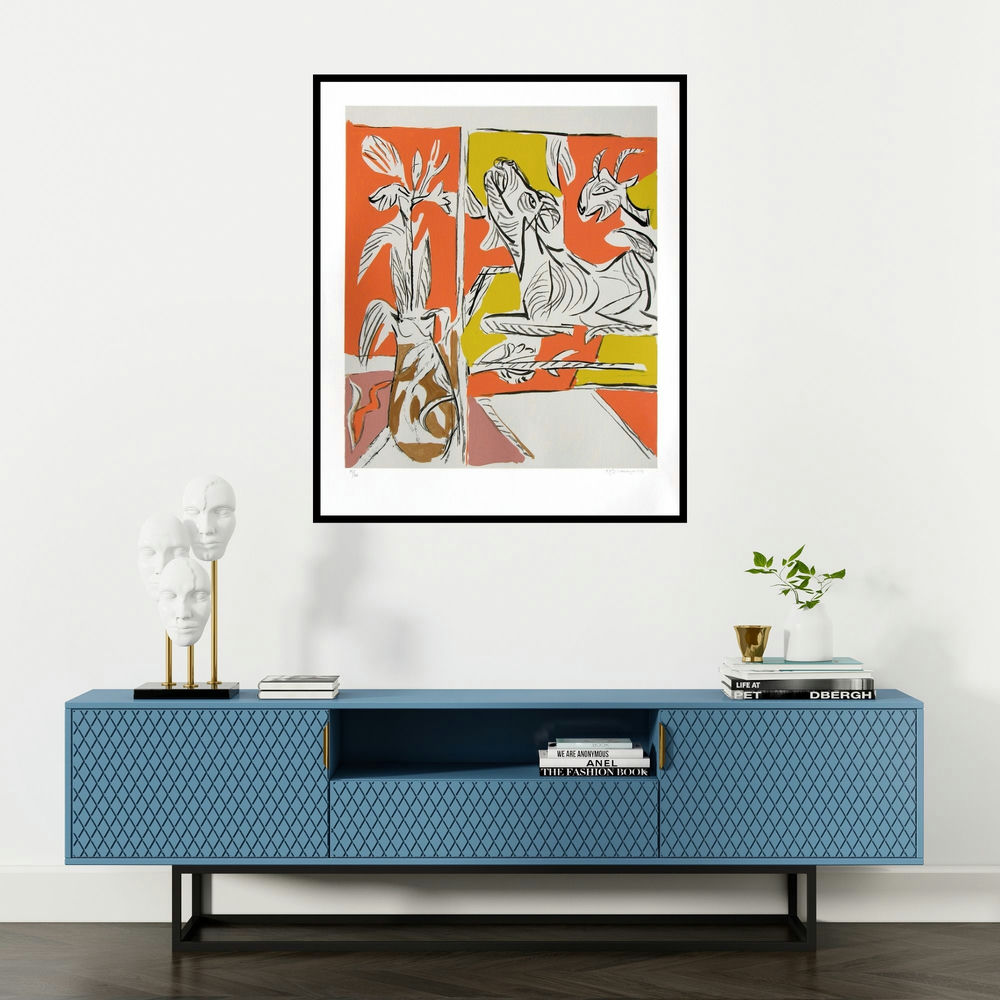 K G Subramanyan's 'Untitled 2 (Abstract Painting of Goat)' painting visualized above a sofa in a contemporary room.