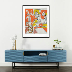 K G Subramanyan's 'Untitled 2 (Abstract Painting of Goat)' painting visualized above a sofa in a contemporary room.